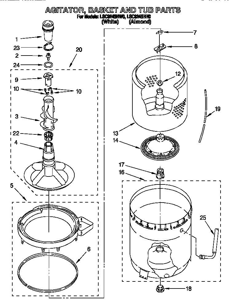 Whirlpool LSC9245BW0 agitator, basket and tub diagram