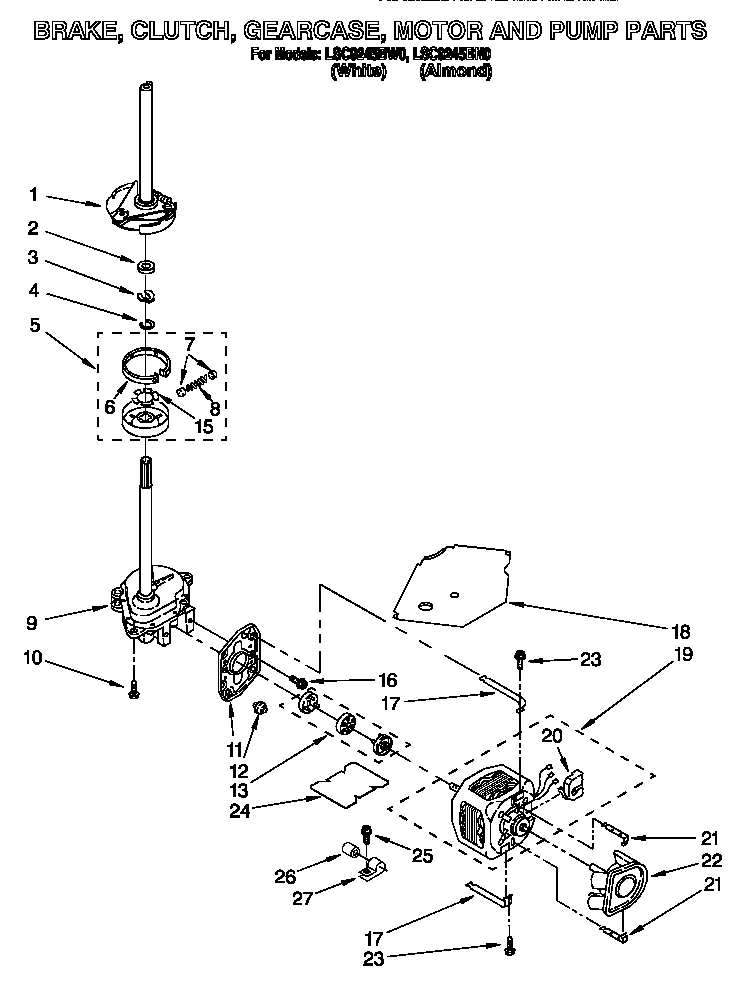 Whirlpool LSC9245BW0 brake, clutch, gearcase, motor and pump diagram