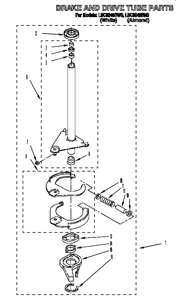 Whirlpool LSC9245BW0 brake and drive tube diagram