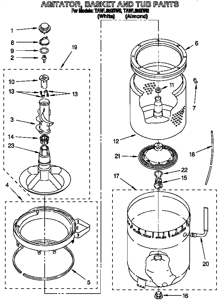 Estate TAWL650BN0 agitator, basket and tub diagram