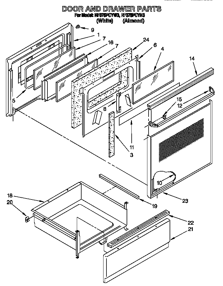 Whirlpool RF375PCYN3 door and drawer diagram
