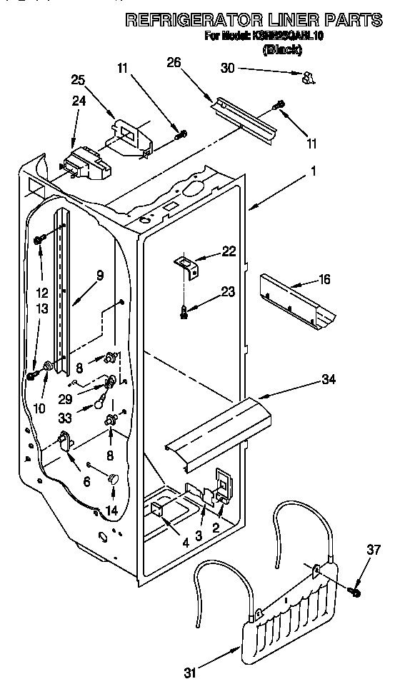 KitchenAid KSRB25QABL10 refrigerator liner diagram