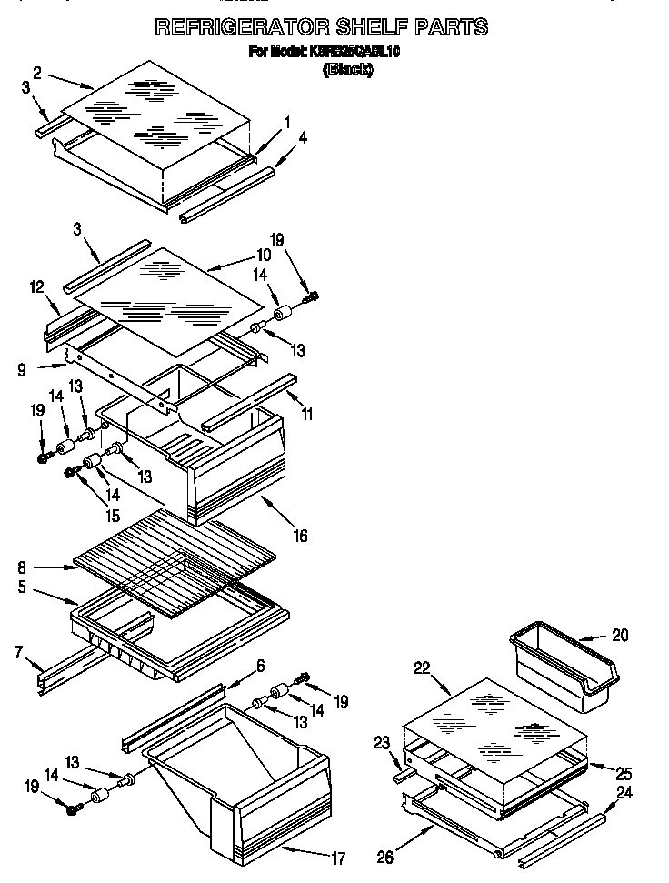 KitchenAid KSRB25QABL10 refrigerator shelf diagram
