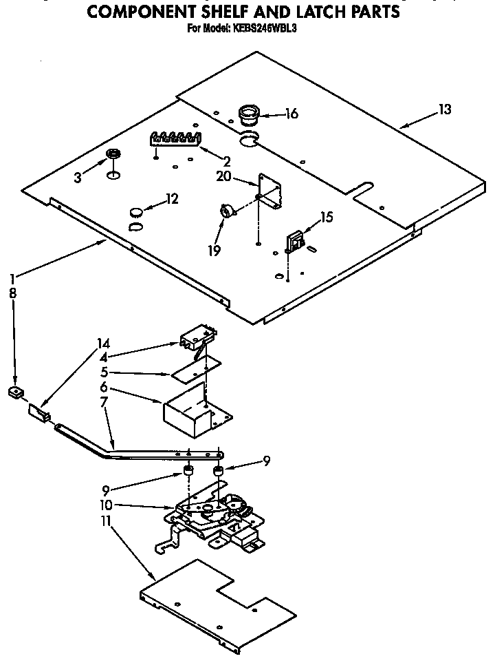 KitchenAid KEBS246WBL3 component shelf and latch diagram