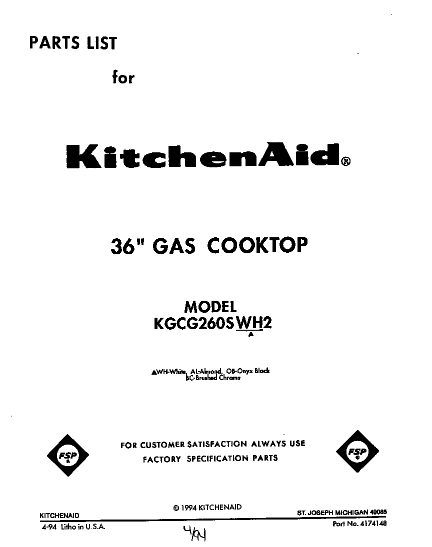 KitchenAid KGCG260SAL2 front cover diagram