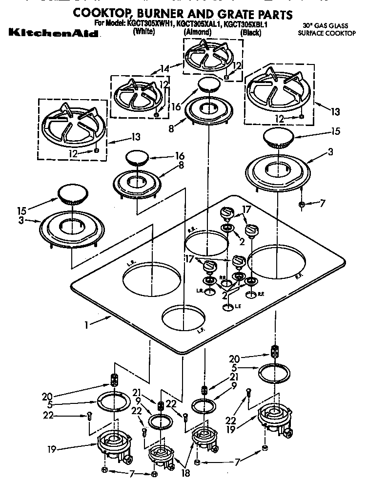 KitchenAid KGCG305XAL1 cooktop, burner and grate diagram