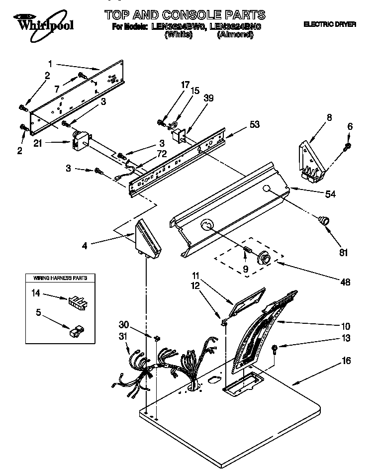 Whirlpool LEN3624BW0 top and console diagram