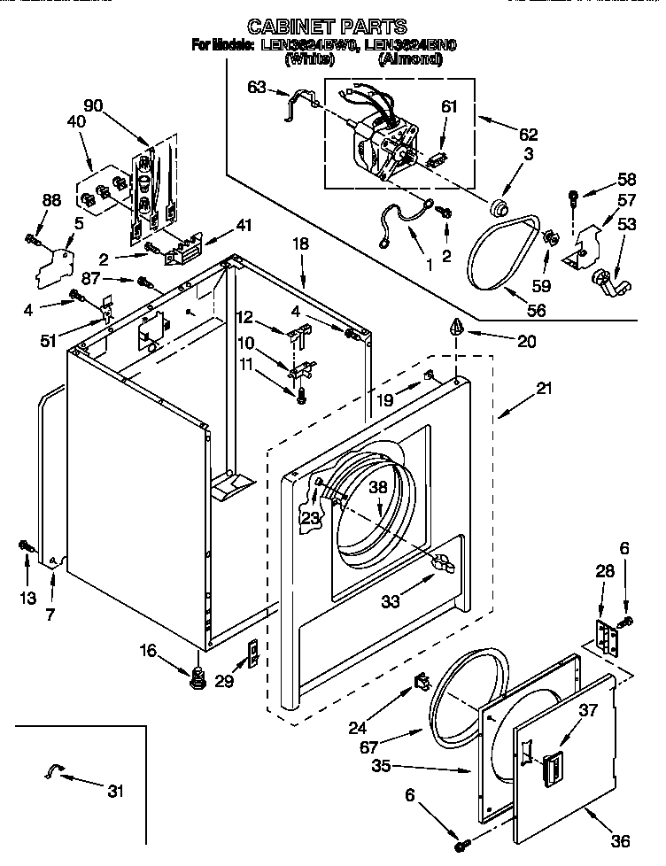 Whirlpool LEN3624BW0 cabinet diagram