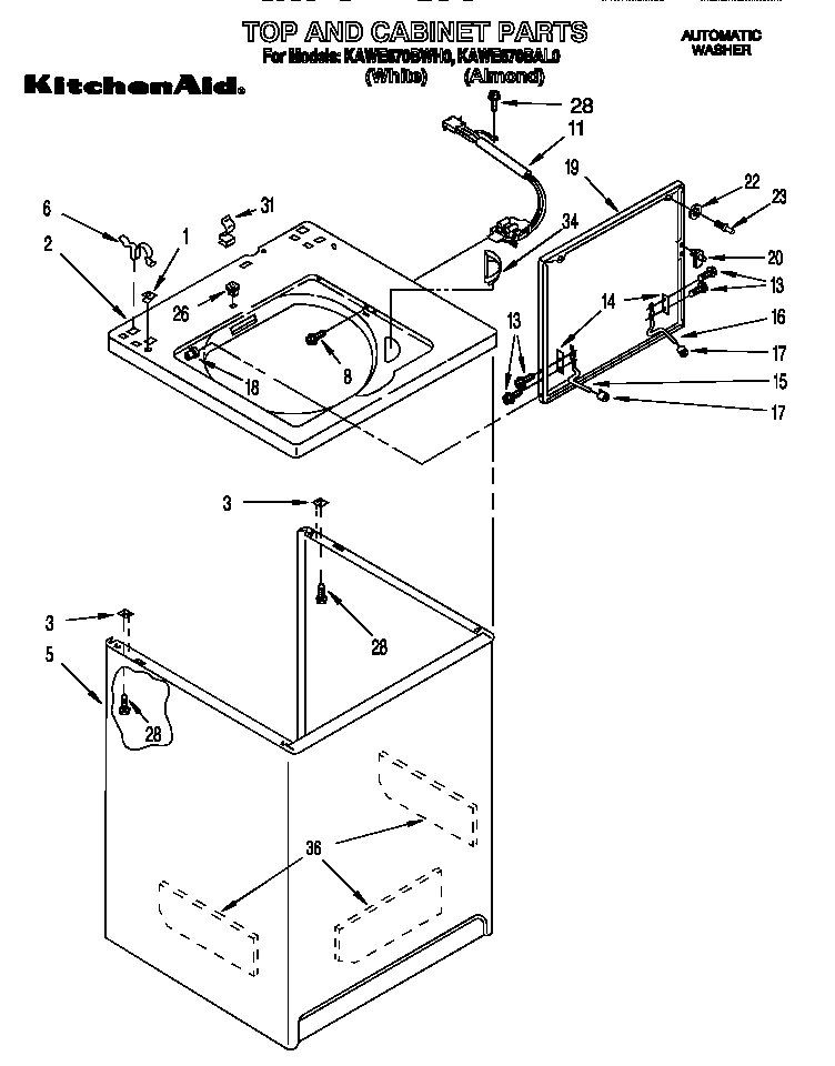 KitchenAid KAWE670BAL0 top and cabinet diagram