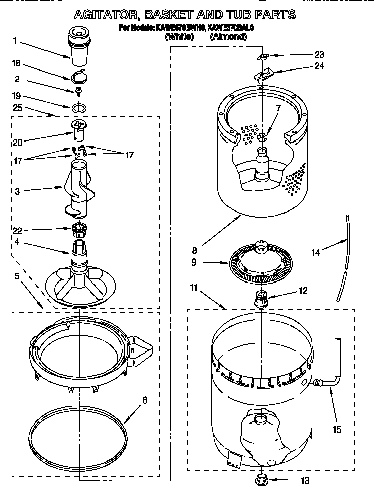 KitchenAid KAWE670BAL0 agitator, basket and tub diagram