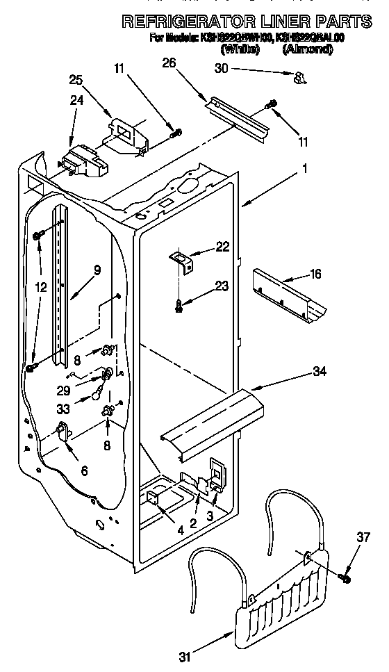 KitchenAid KSHS22QBWH00 refrigerator liner diagram