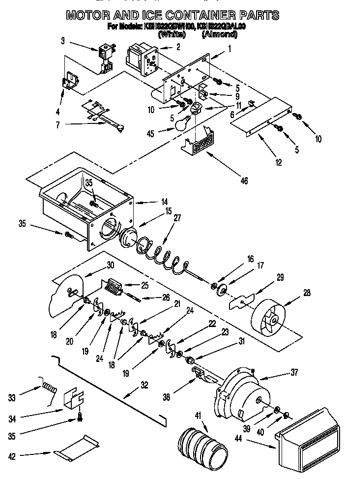 KitchenAid KSHS22QBWH00 motor and ice container diagram