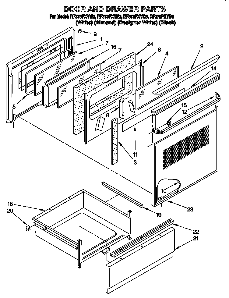Whirlpool RF375PXYW3 door and drawer diagram