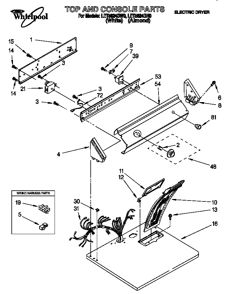 Whirlpool LET5624BW0 top and console diagram