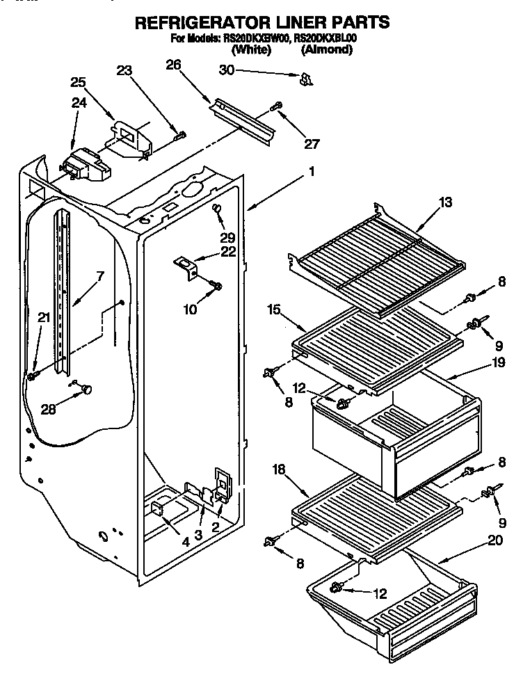 Roper RS20DKXBW00 refrigerator liner diagram