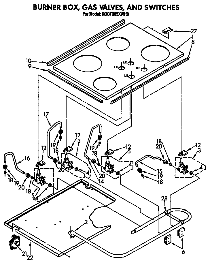 KitchenAid KGCT305XWH0 burner box, gas valves, and switches diagram