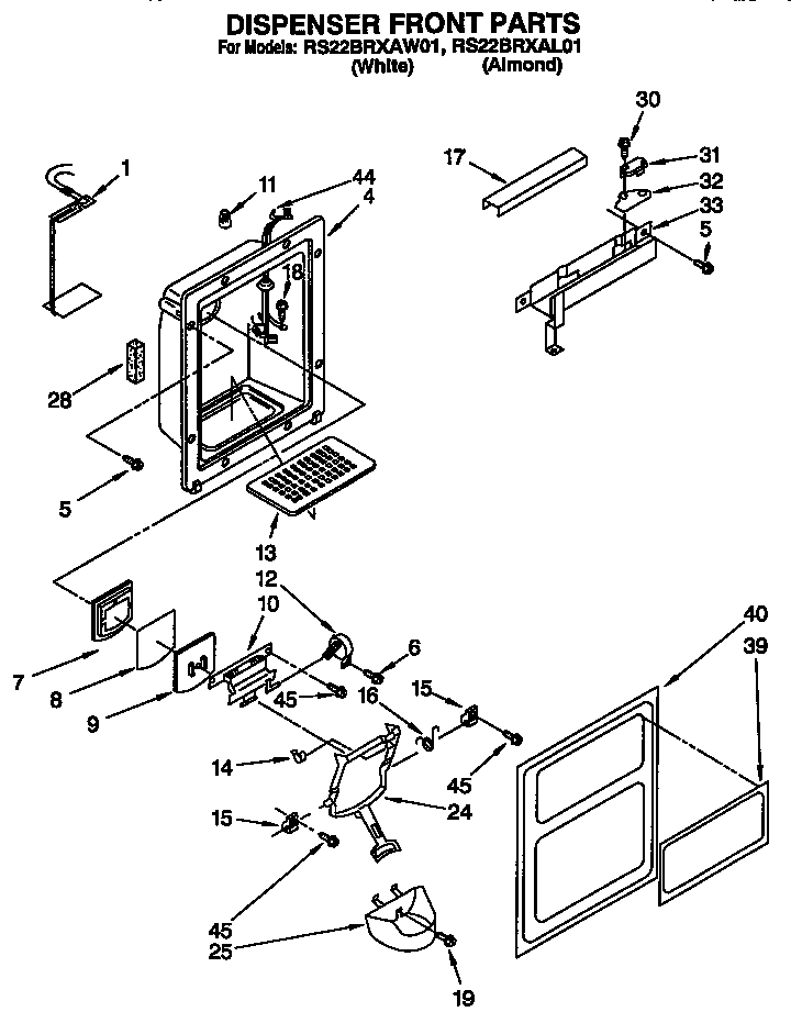 Roper RS22BRXAL01 dispenser front diagram