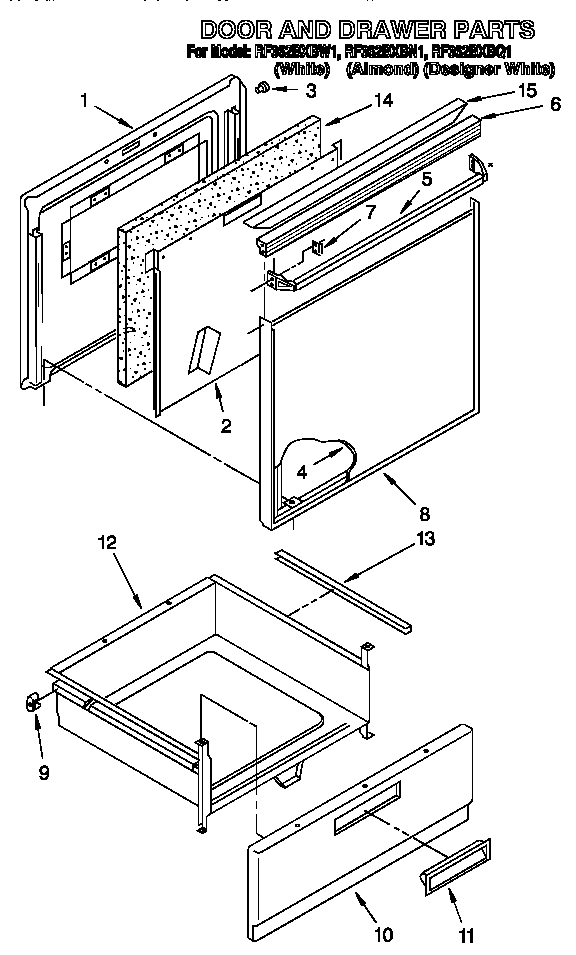 Whirlpool RF362BXBN1 door and drawer diagram