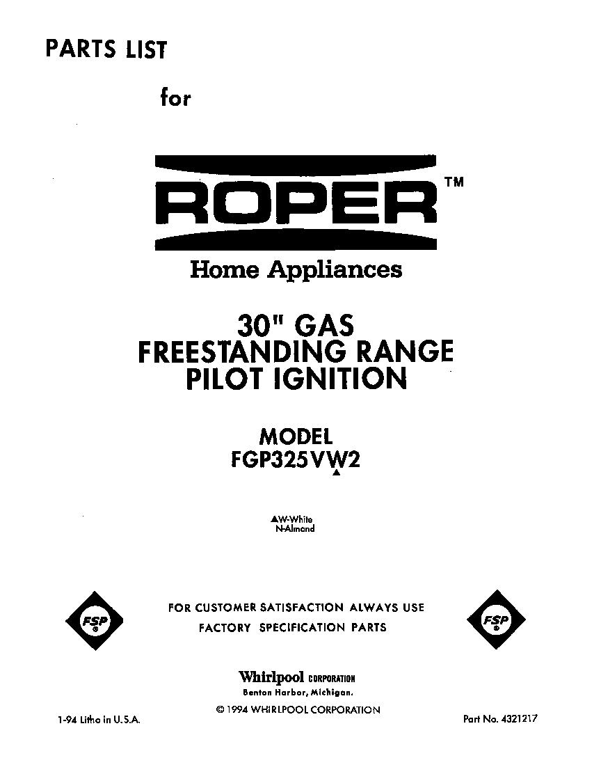Roper FGP325VW2 front cover diagram