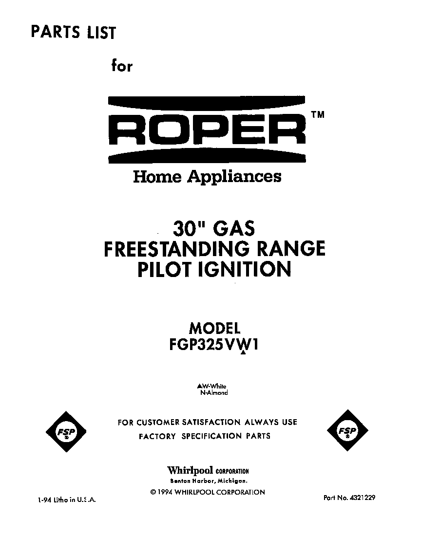 Roper FGP325VW1 front cover diagram