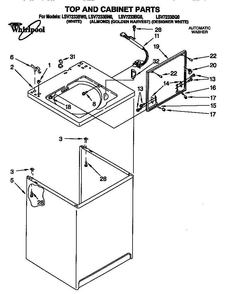 Whirlpool LSV7233BQ0 top and cabinet diagram