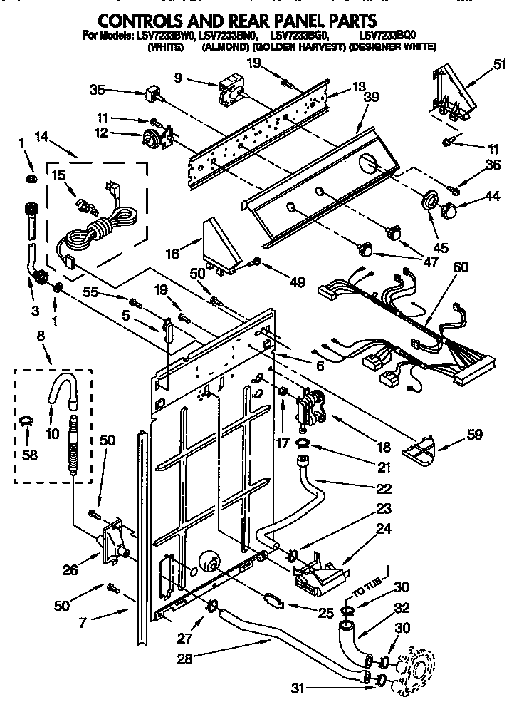 Whirlpool LSV7233BQ0 controls and rear panel diagram