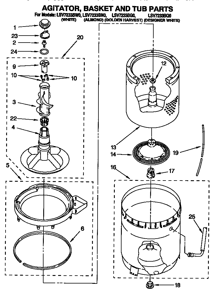 Whirlpool LSV7233BQ0 agitator, basket and tub diagram