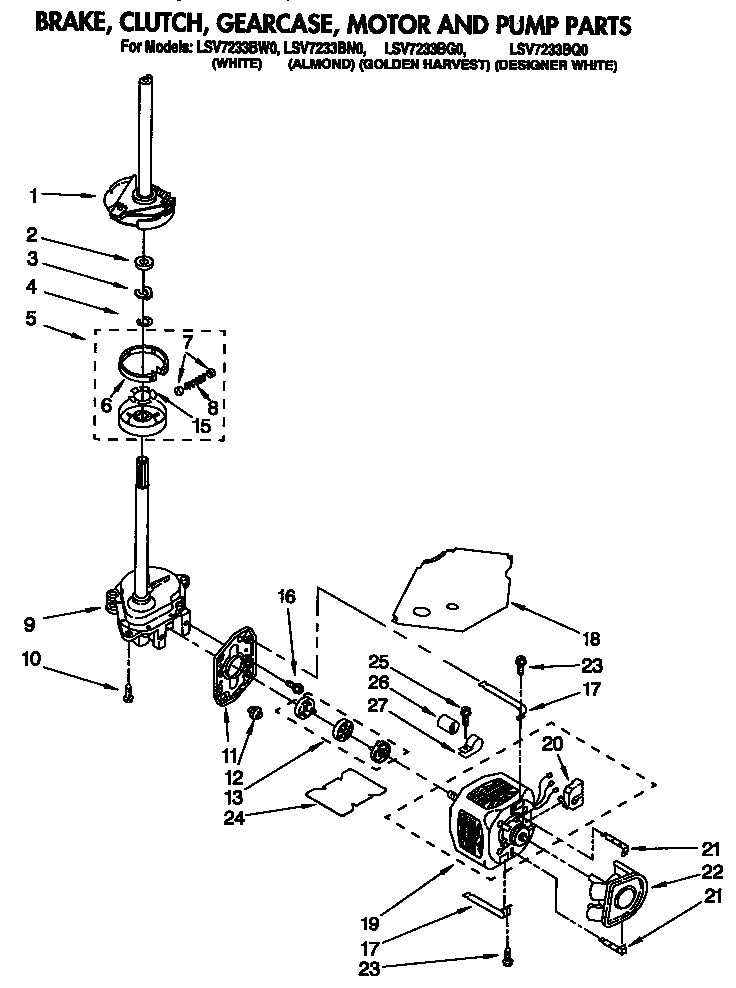 Whirlpool LSV7233BQ0 brake, clutch, gearcase, motor and pump diagram