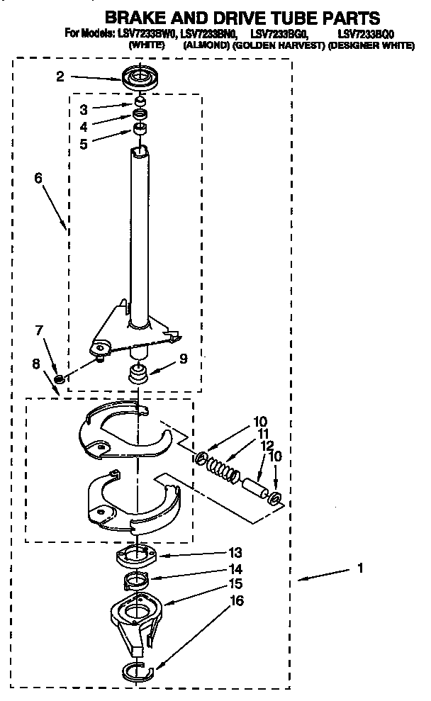 Whirlpool LSV7233BQ0 brake and drive tube diagram