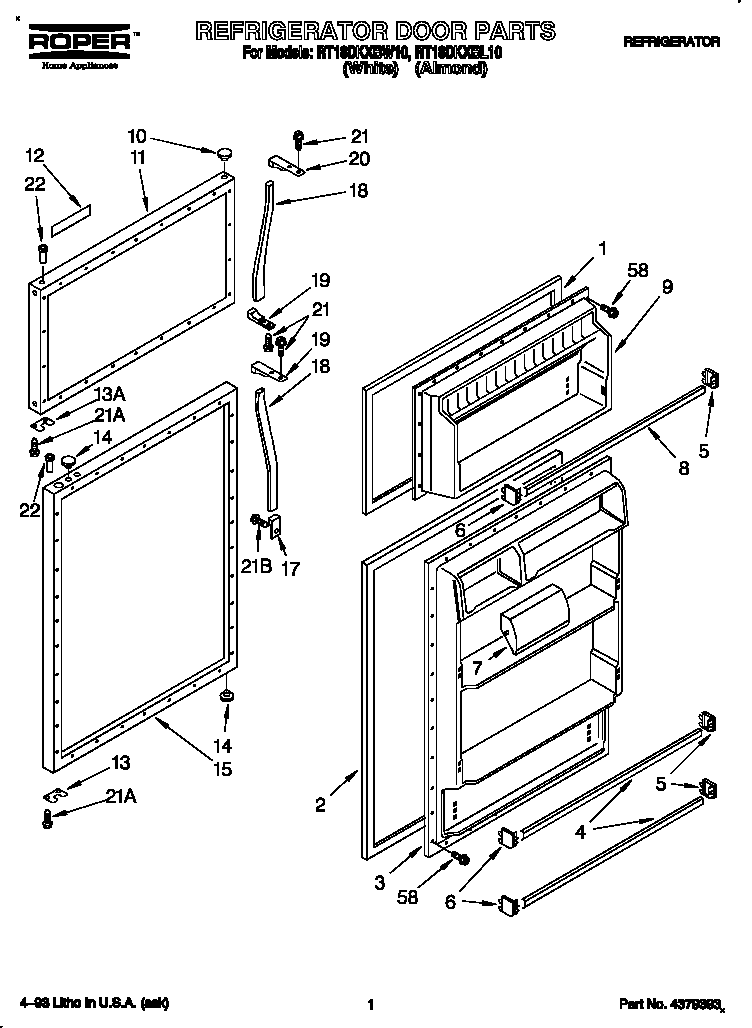 Roper RT18DKXBL10 refrigerator door diagram