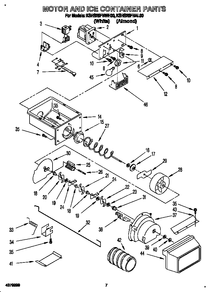 KitchenAid KSRS25FBWH00 motor and ice container diagram