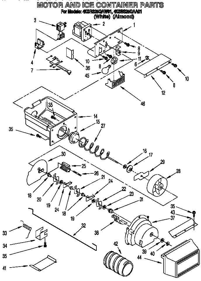 KitchenAid 4KSRS25QAA01 motor and ice container diagram