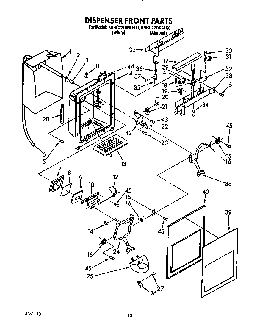 KitchenAid KSRC22DXWH00 dispenser front diagram