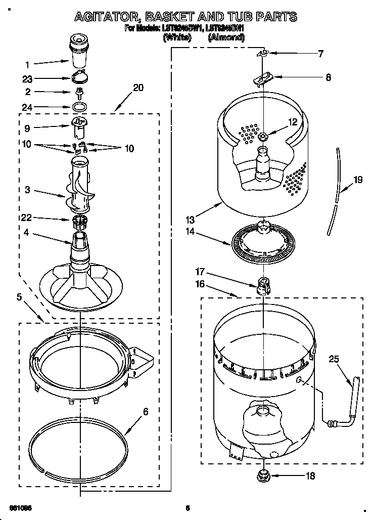 Whirlpool LST9245BN1 agitator, basket and tub diagram