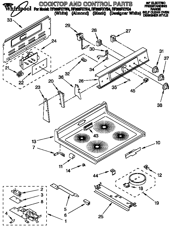 Whirlpool RF366PXYB4 cooktop and control diagram
