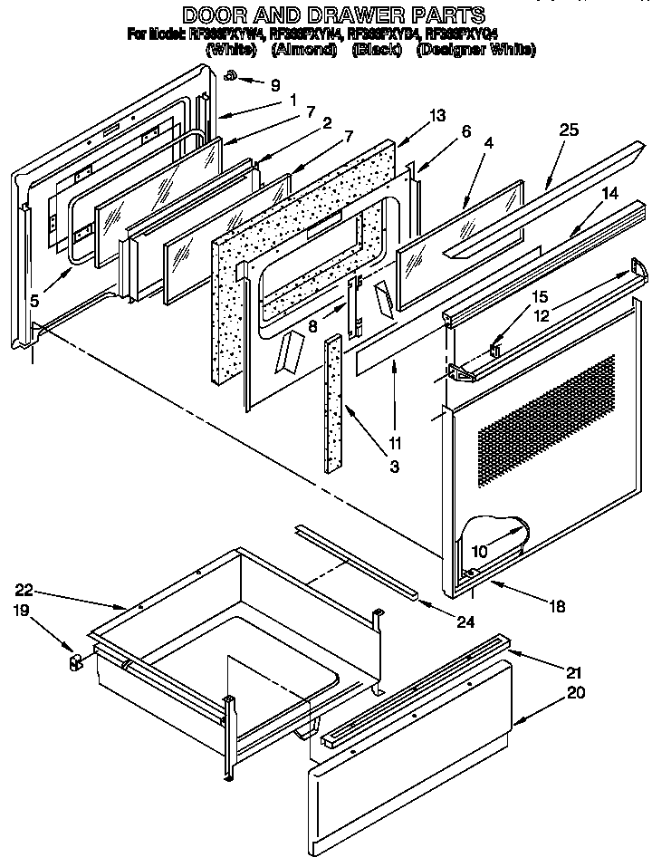 Whirlpool RF366PXYB4 door and drawer diagram