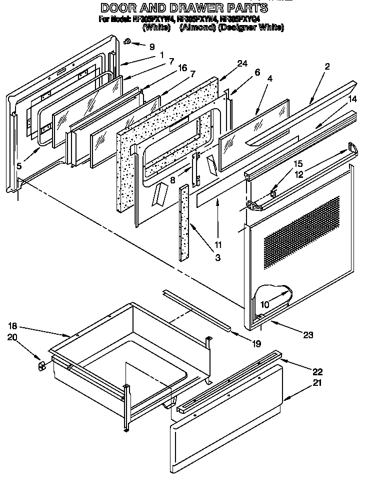 Whirlpool RF385PXYN4 door and drawer diagram