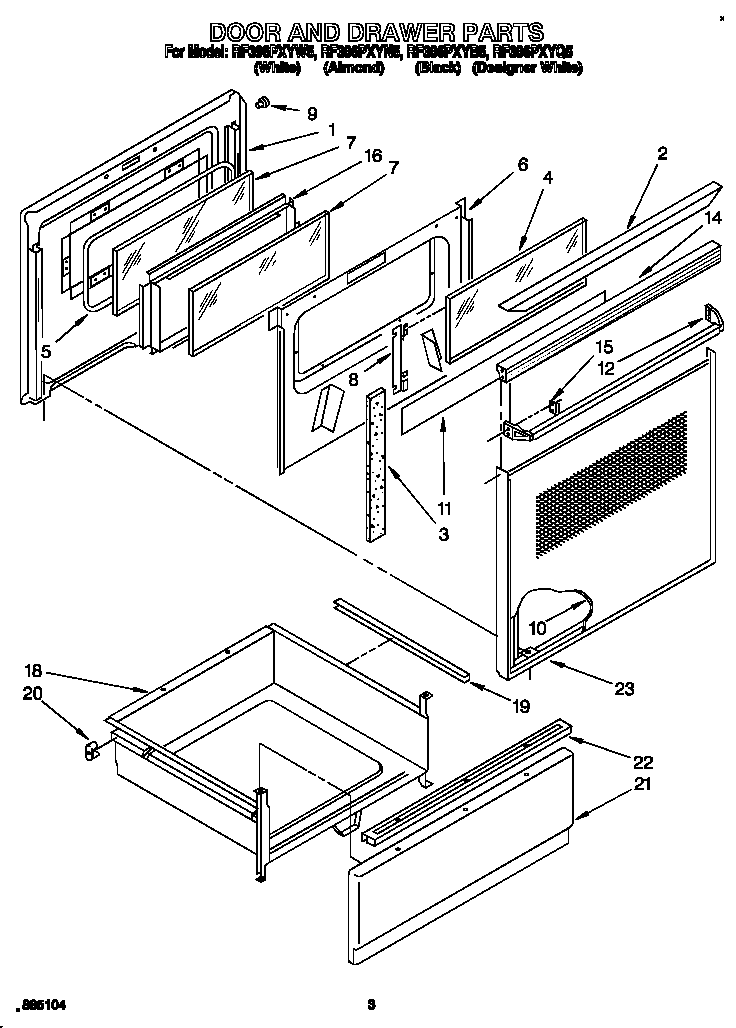 Whirlpool RF396PXYB5 door and drawer diagram