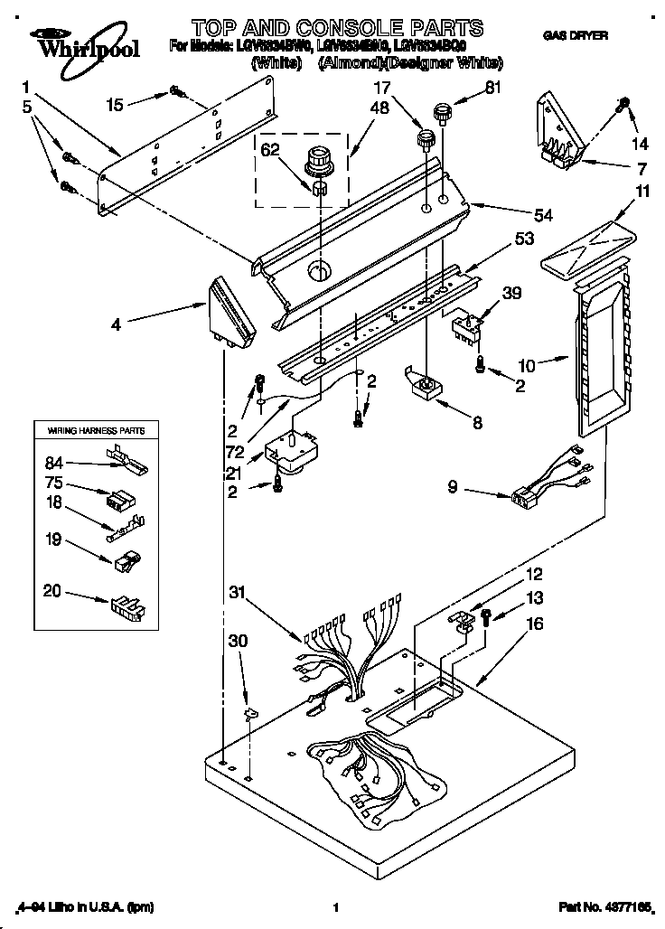 Whirlpool LGV6634BQ0 top and console diagram