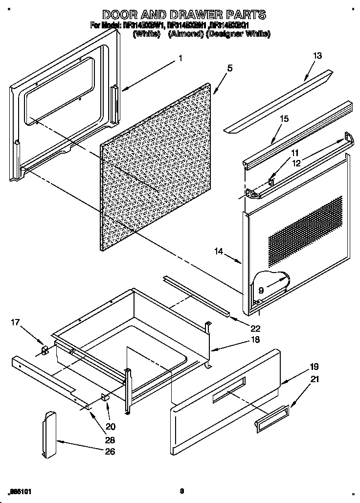 Whirlpool RF314BXBN1 door and drawer diagram