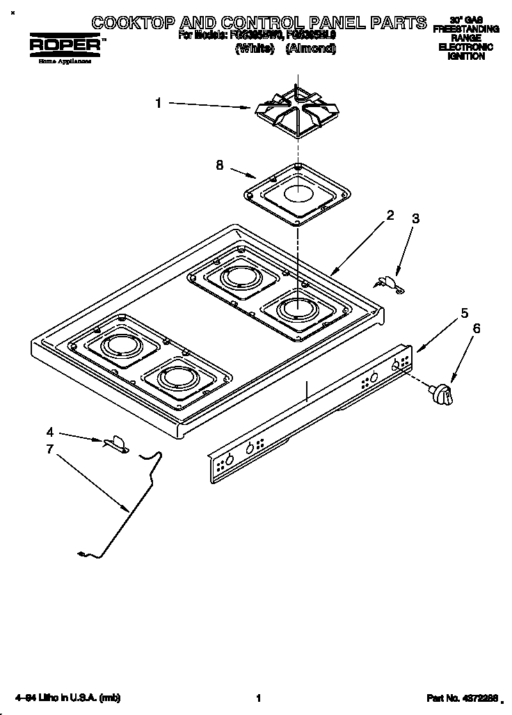 Roper FGS395BW0 cooktop and control panel diagram