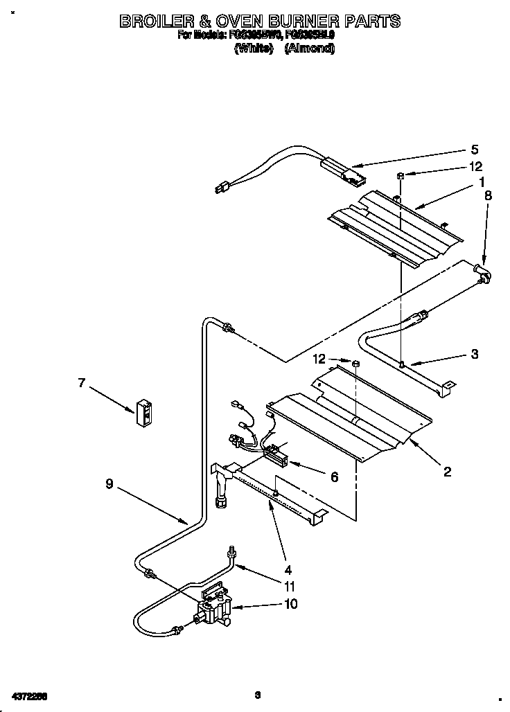 Roper FGS395BW0 broiler and oven burner diagram