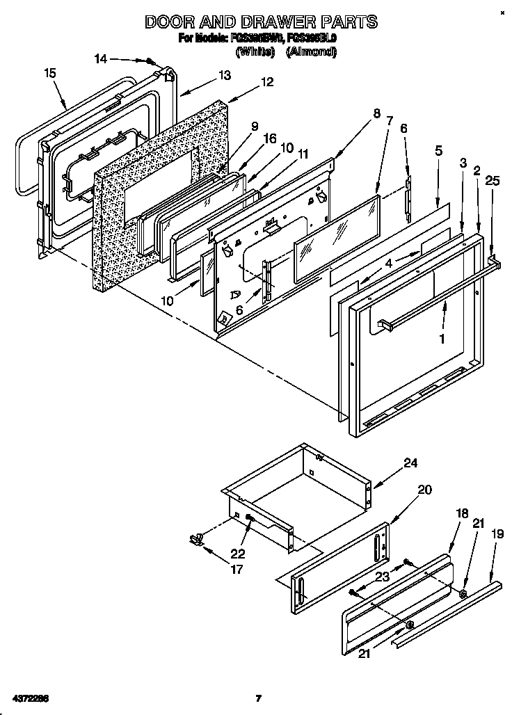 Roper FGS395BW0 door and drawer diagram