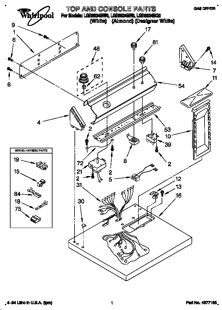 Whirlpool LGR6634BN0 top and console diagram