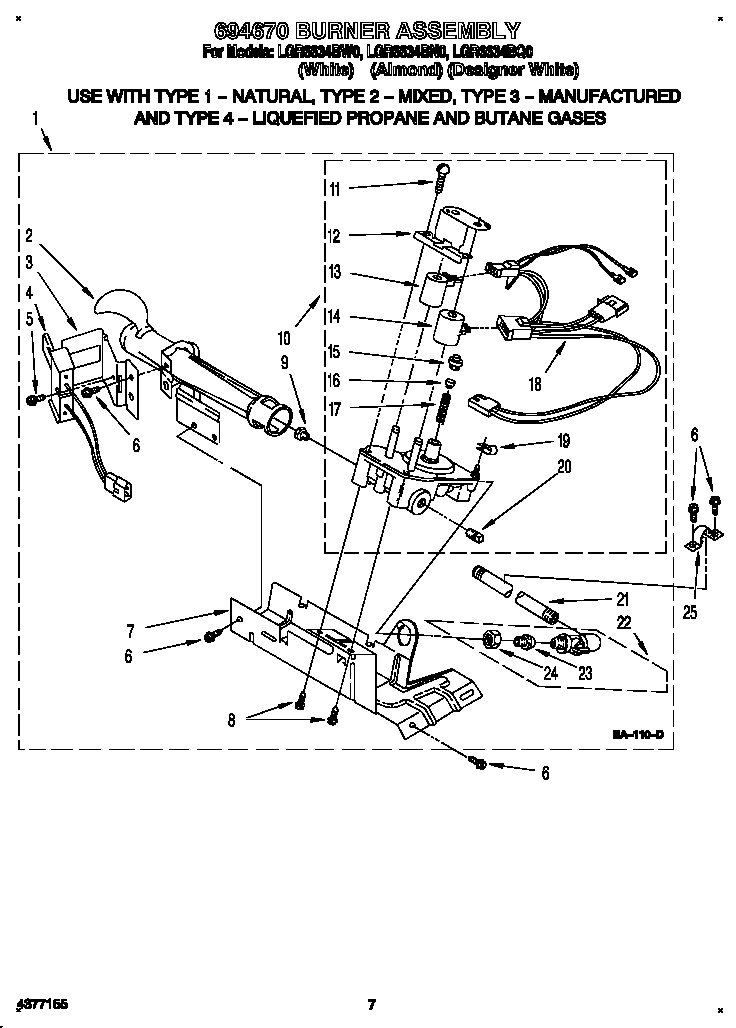 Whirlpool LGR6634BN0 694670 burner assembly diagram