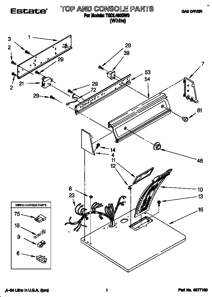 Whirlpool TGDL400BW0 top and console diagram