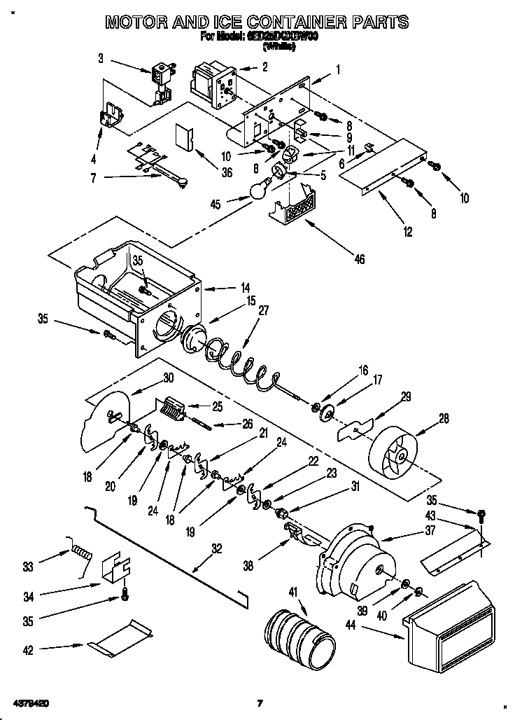 Whirlpool 6ED25DQXBW00 motor and ice container diagram