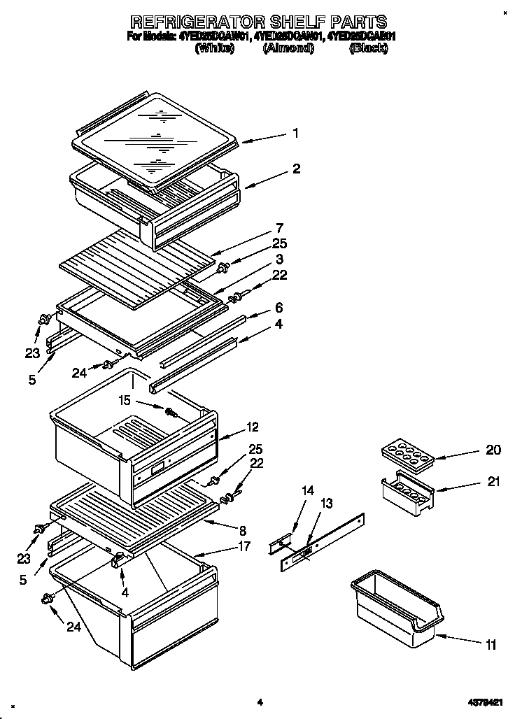 Whirlpool 4YED25DQAW01 refrigerator shelf diagram