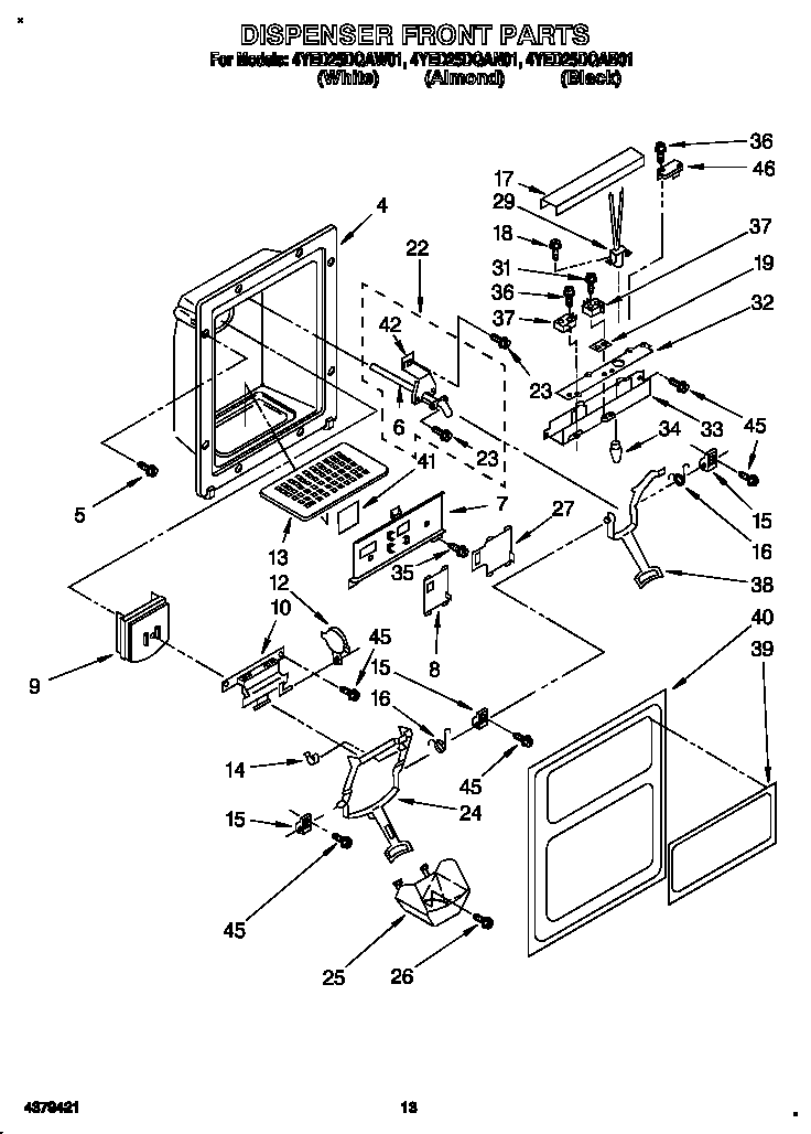 Whirlpool 4YED25DQAW01 dispenser front diagram