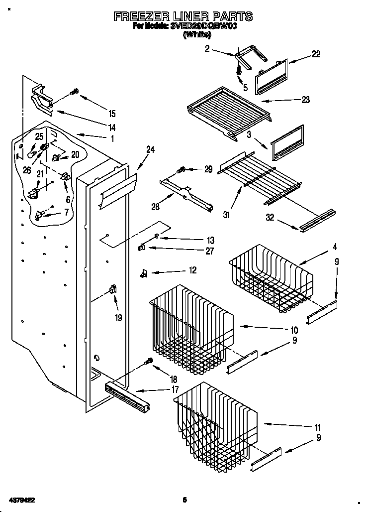 Whirlpool 3VED29DQBW00 freezer liner diagram
